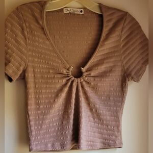 Cloud Dancer Beige top with silver ring detail, short sleeve, Size L